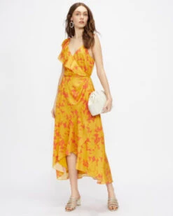 Ted Baker SARAAA Ruffle Midi Wrap Dress, Yellow/Pink