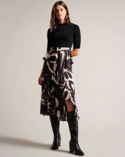 Ted Baker Serepha Fitted Knit Bodice Dress With Ruffle Skirt, Black/cream
