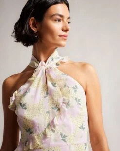 Ted Baker Suttonn Twist Neck Frill Detail Mini Dress, Light Yellow/Multi -EleganceWear Store ted baker suttonn twist neck frill detail mini dress light yellow multi1