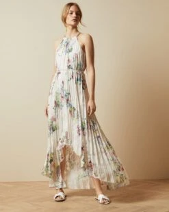 Ted Baker THRELIN Pergola Pleated Dip Hem Halter Dress, Ivory/Multi