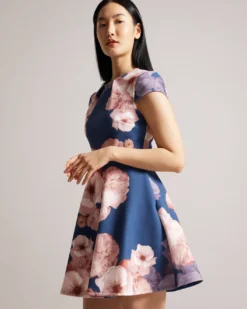 Ted Baker Trinia Floral Print Skater Dress, Dark Blue/Pink Blush