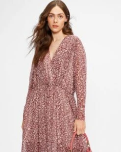 Ted Baker VALLYY Draped Leopard Print Midi Dress, Purple/Blush/Pink