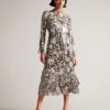 Ted Baker Vikkci Ruffle Detail Midi Shirt Dress, Brown/Ivory