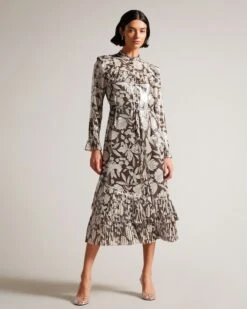 Ted Baker Vikkci Ruffle Detail Midi Shirt Dress, Brown/Ivory