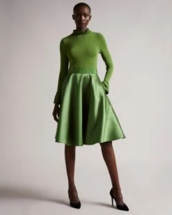 Ted Baker ZADI Frill Neck Full Skirt Dress, Bright Green