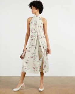 Ted Baker ZOEEEY Halterneck Occasion Midi Dress, Natural/Multi