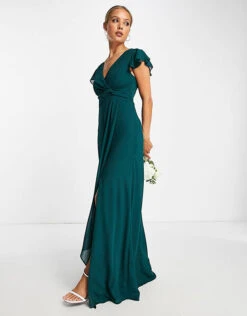 TFNC Bridesmaid Flutter Sleeve Ruffle Detail Maxi Dress In Emerald Green
