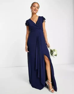 TFNC Bridesmaid Flutter Sleeve Ruffle Detail Maxi Dress In Navy