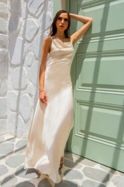 TFNC Skirt & Stiletto Bias Cut Satin Maxi Dress, Ivory