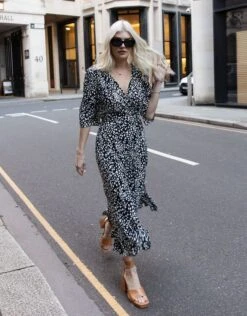 Threadbare Black Abstract Polka Dot Midi Wrap Dress