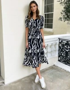 Threadbare Black White Abstract Print Button Down Front Midi Dress
