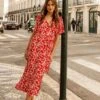 Threadbare Red Floral Print Flutter Sleeve Midi Dress
