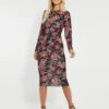 Threadbare Women's Black & Red Floral Ruched Midi Dress