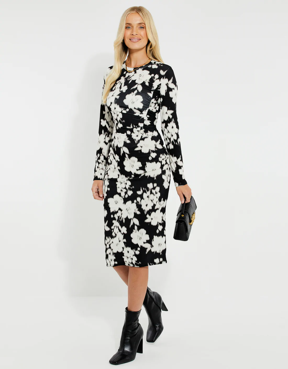 Threadbare Women's Black & White Floral Ruched Midi Dress 1 Threadbare Women's Black & White Floral Ruched Midi Dress
