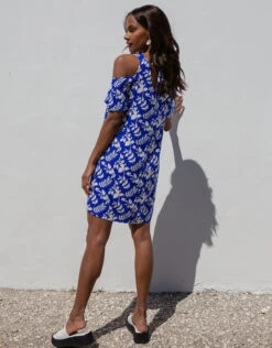 Threadbare Women's Blue Leaf Print Cold Shoulder Shift Dress -EleganceWear Store threadbare womens blue leaf print cold shoulder shift dress1
