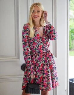 Threadbare Women's Floral Black Pink Print Mini Wrap Dress