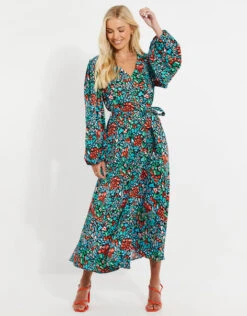 Threadbare Women's Satin Abstract Animal Print Midi Dress Green Multi