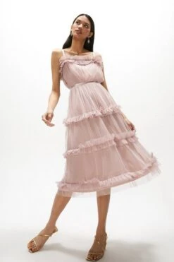 Coast Tiered Ruffle Skirt Midi Dress, Blush/Light Pink