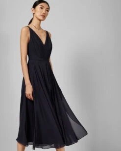 Ted Baker CELEYST V Neck Georgette Midi Dress, Navy Blue