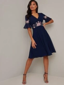 Chi Chi Agathe Floral Embroidered Dress, Navy/Multi