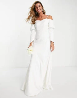 Vila Bridal Corset Back Maxi Dress With Button Detail Sleeves In White