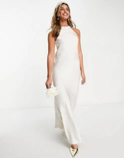 Vila Bridal Halterneck Maxi Dress In Cream Satin, Birch