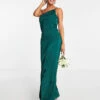 Vila Bridesmaid Satin Strappy One Shoulder Maxi Dress In Deep Green