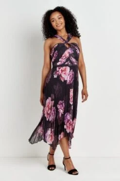 Wallis Black & Pink Floral Pleated Halterneck Dress, Multi