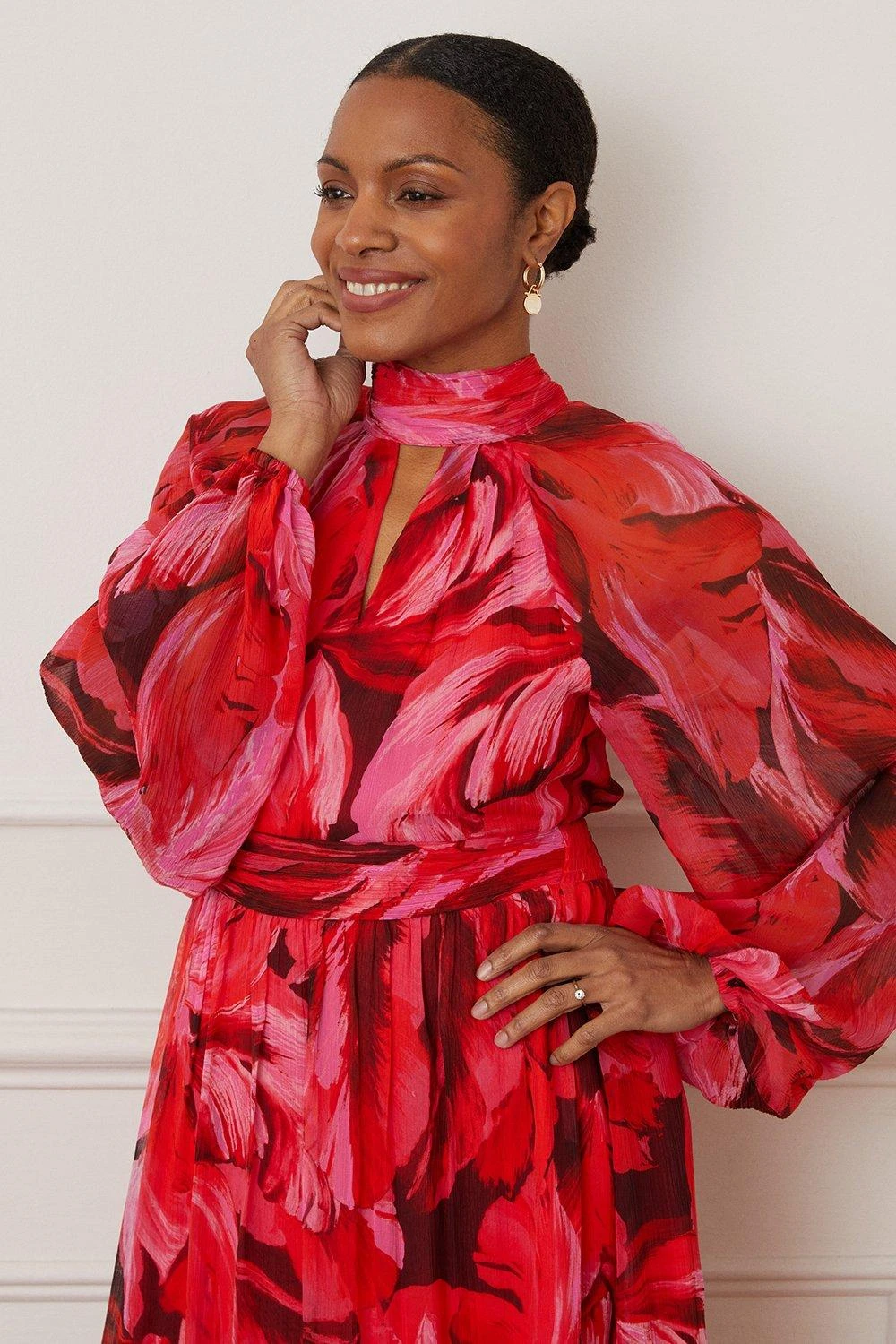 Wallis Feather Print Tie Back Midi Dress, Red/Pink 2 Wallis Feather Print Tie Back Midi Dress, Red/Pink - Image 2