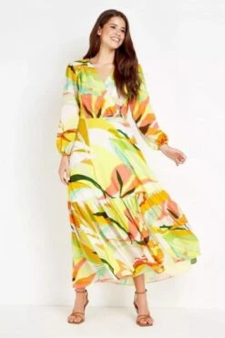 Wallis Lime Abstract Tiered Maxi Dress, Yellow/Orange/Multi