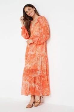 Wallis Orange Large Paisley Chiffon Tiered Dress -EleganceWear Store wallis orange large paisley chiffon tiered dress3 e1627595287217
