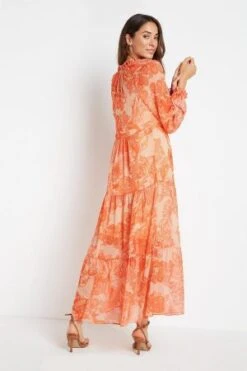 Wallis Orange Large Paisley Chiffon Tiered Dress -EleganceWear Store wallis orange large paisley chiffon tiered dress4 e1627595260414