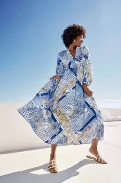 Wallis Paisley Scarf Print Volume Sleeve Midi Dress Blue/White/Multi