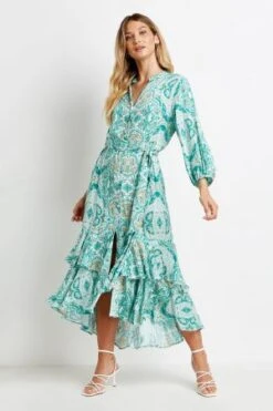 Wallis Mint Summer Paisley Layered Hem Dress, Mint Green
