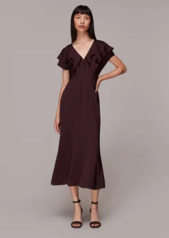Whistles Adeline Frill Midi Bridesmaid Dress, Aubergine