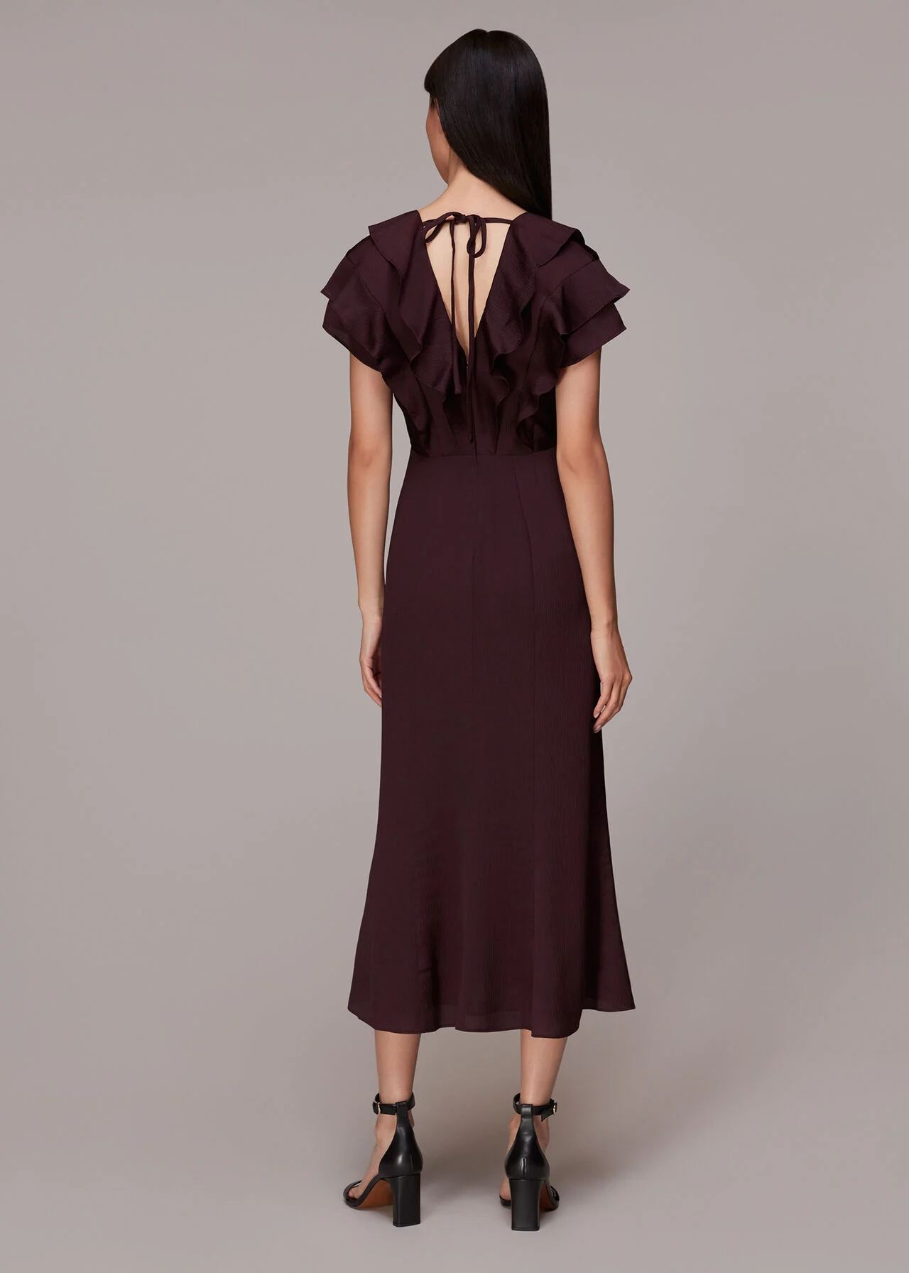 Whistles Adeline Frill Midi Bridesmaid Dress, Aubergine 2 Whistles Adeline Frill Midi Bridesmaid Dress, Aubergine - Image 2