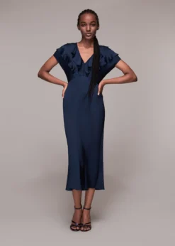 Whistles Adeline Frill Midi Bridesmaid Dress, Navy Blue