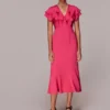 Whistles Adeline Frill Midi Dress, Pink