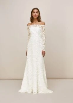 Whistles Melba Bardot Lace Sleeve Wedding Dress, Ivory