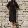 Threadbare Women's Black Cotton Poplin V Neck Tie Belt Puff Sleeve Tiered Midi Dress