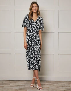 Threadbare Women's Petite Black Abstract Animal Print Midi Dress