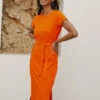 Threadbare Women's Women's Orange Jersey Tie Belt Short Sleeve Midi Dress