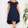 YOURS LONDON Curve Navy Blue Bardot High Low Midi Bridesmaid Dress